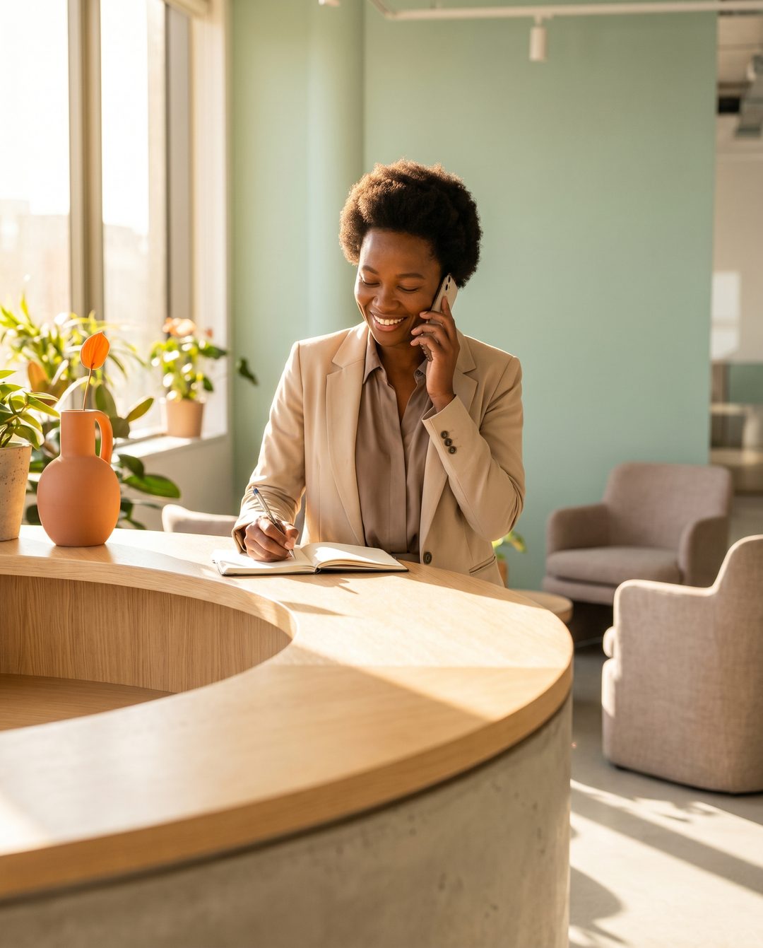 Accueil du Cabinet IOLA — échange téléphonique avec un client